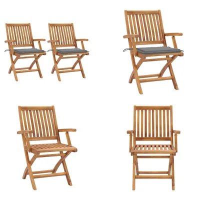 Produktbild von vidaXL Gartenstühle 2 Stk. mit Grauen Kissen Teak Massivholz - Gartenstuhl - Gartenstühle - Holz-Gartenstuhl - Holz-Gartenstühle