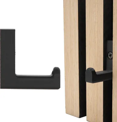 A black metal hook is shown next to a wooden acoustic panel.