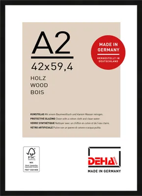 A product shot of a picture frame with labels and branding.
