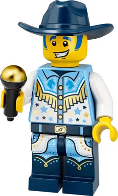 A LEGO minifigure of a cowboy singer holding a microphone.