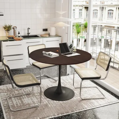 Produktbild von MODFU  Runder Esstisch，Moderner  Beistelltisch, Kaffeetisch mit Metallfuß, lässiger Couchtisch mit Massivholzstruktur，Braun