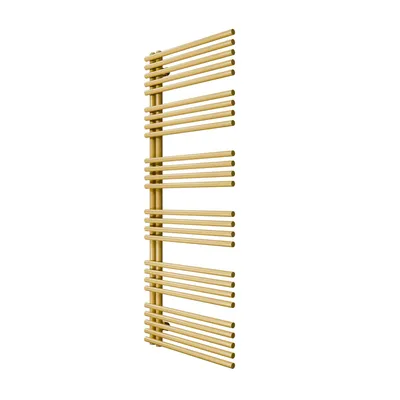 Goldfarbener, moderner Handtuchheizkörper mit horizontalen Streben und asymmetrischem Design