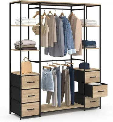 Produktbild von '- Ankleidezimmer mit doppeltem Kleiderschrank + doppelter Säule B. 140 cm UTAH mit 6 Regalen und 6 Behältern aus Stoff in Holz und