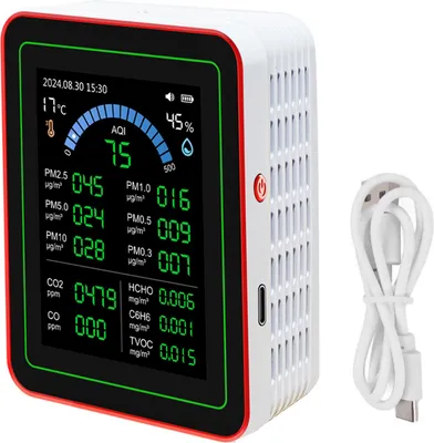Obrázek produktu pro Analyzátor kvality ovzduší, 18 v 1, CO2, TVOC, HCHO, PM2,5, PM10, tester detekce teploty a vlhkosti, bateriový záznamník dat pro Inn