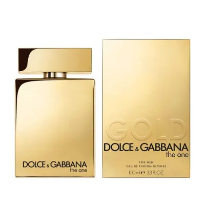 A gold colored perfume bottle and its packaging are displayed against a white background.