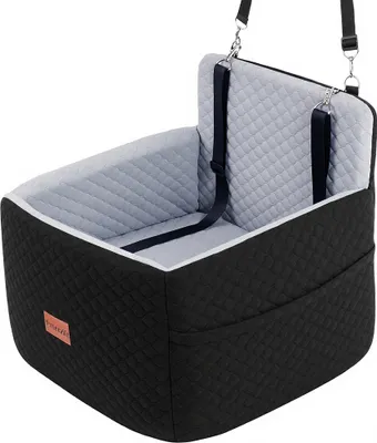 Zdjęcie produktu dla Petcozife Fotelik samochodowy dla psa, tylny fotelik samochodowy dla psa poniżej 15 kg, zdejmowany, zmywalny fotelik samochodowy dla psa z grubą poduszką 2 smycze bezpieczeństwa czarny + szary