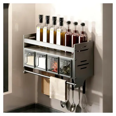 Produktbild von Wandgewürzregal ohne Bohren mit 4 Gewürzdosen und Küchenrollenhalter, Edelstahl hängendes Küchenregal mit Löffel und Haken - Wandorganizer Set für die Küche