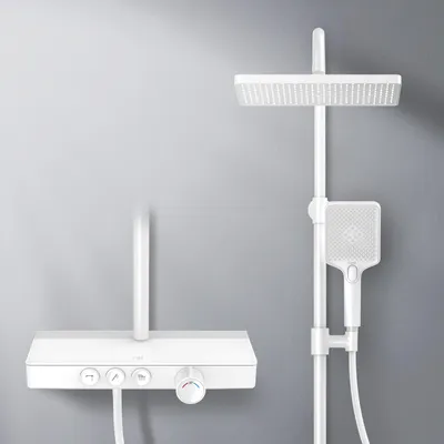 Image de EMKE Système de douche avec thermostat tablette en verre douchette 3 jets douche à effet pluie, robinetterie de salle de bains & douche, douche à effet pluie,  KTW, blanc - F09