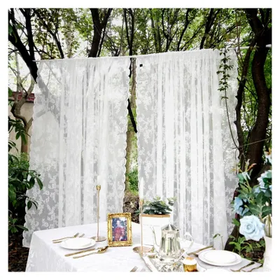 Produktbild von Weiße Spitze Vorhänge mit Blumenstickerei, Voile Vorhänge mit Stangentaschen, transparente Gardinen mit Vorhang Raffhaltern für Wohnzimmer, Schlafzimmer, Küche, 2er Set (B150 x H230 cm)