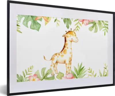 Produktbild von MuchoWow® MuchoWow® Gerahmtes Poster Giraffe - Dschungel - Blumen - Aquarell 60x40 cm - Poster mit zchwarzem Bilderrahmen - Schlafzimmer - Plakat in Rahmen - Drucken