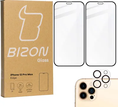 Produktbild von Bizon Glass Edge CF Panzerglas - 2 Stück + Linsenschutz, iPhone 12 Pro Max, Schwarz