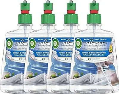 Produktbild von Air Wick Active Fresh – Aeorosolfreier, automatischer Lufterfrischer – Raumduft Baumwolle & Weiße Orchidee – 4 x 228 ml Nachfüller