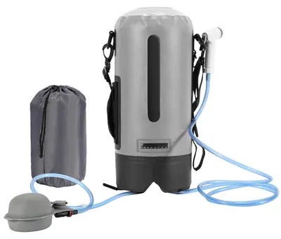 Image de Douche de camping Eikuavons 12 L, douche de camping avec pompe à pied, indicateur de température, douche d'extérieur grise pour le jardin, le camping, les animaux de compagnie et la plage