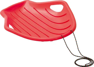 A red plastic snow sled with a rope attached, shown on a white background.