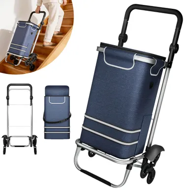 Image de Chariot de transport pliable JOIEYOU 100 × 46 × 41 cm, chariot de courses avec sac de 56 L, aluminium et tissu Oxford 600D, chariot pliable, bleu