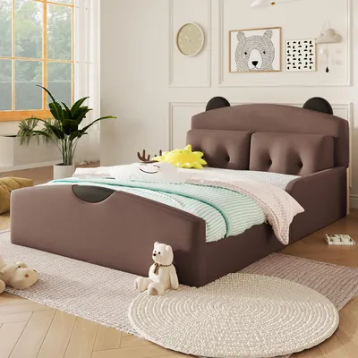 Produktbild von Flieks Kinderbett 140x200cm mit 2 Zierkissen, Polsterbett Doppelbett mit Kopfteil in Bärenform, Bodenbett Spielbett mit Rausfallschutz, Leinen Kaffee