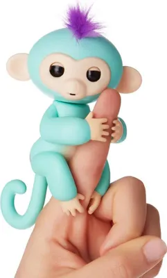 A turquoise finger monkey toy is gripping a human finger.