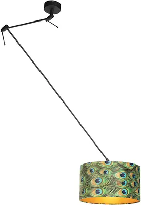 Produktbild von QAZQA - Klassisch I Antik Hängelampe I Pendellampe I Pendelleuchte mit Veloursschirm Pfau mit Gold I Messing 35 cm - Blitz I schwarz I Wohnzimmer I Schlafzimmer - Textil Zylinder I Länglich I Rund - L