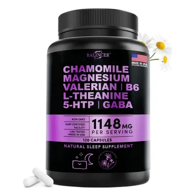 Image de Herbe naturelle 1148 mg avec camomille, L-théanine, 5-HTP, magnésium, vitamine B6, 120 gélules