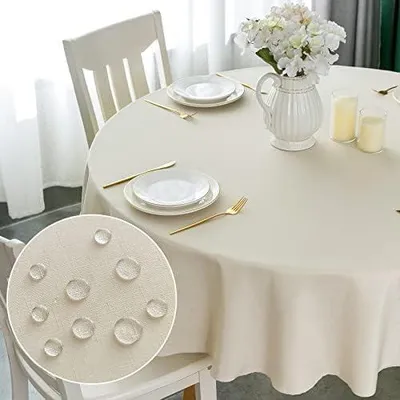 Produktbild von Runde Tischdecke Fleckabweisend Beige ?150cm, wasserdichte Tischdecke Polyester-Leinen-Optik für Tisch, Esszimmer, Restaurant Schutz (Beige, ?150cm)