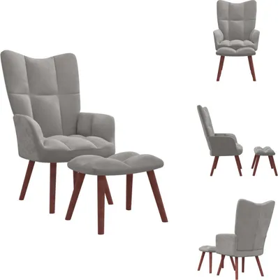 A collage of different views of a gray velvet armchair with a matching ottoman.