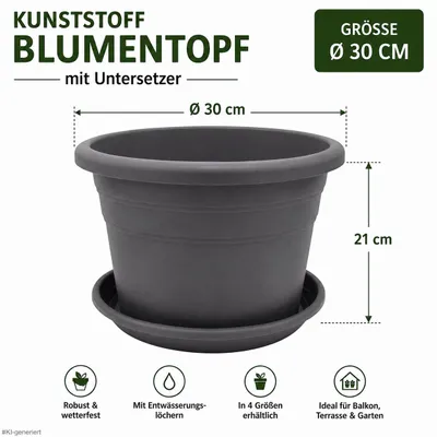 Produktbild von Kunststoff Blumentopf mit Untersetzer – Größe Ø 30cm - Farbe Anthrazit