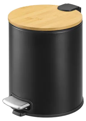 Image de Poubelle de 6 litres avec couvercle en bambou et pédale, de couleur noire, dimensions : 26 x 21 x 25,4 cm
