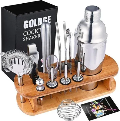 Imagen del producto de Uniqoos®: Set de cócteles de 18 piezas – Coctelera de acero inoxidable de 750 ml con soporte de madera, accesorios para bar y set de regalo para el hogar y las fiestas