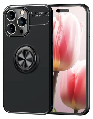 A black phone case with a ring holder is shown next to a smartphone with a floral wallpaper.