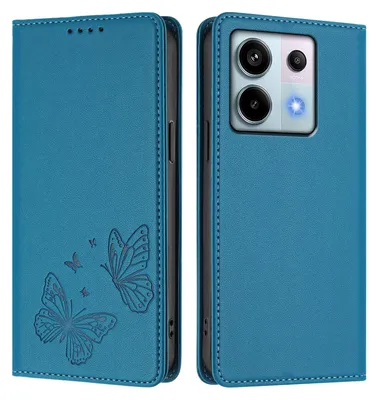Produktbild von Lederhülle für Xiaomi Redmi Note 13 Pro 5G, Schmetterling Prägung Leder Brieftasche Schutzhülle mit Ständer Blau