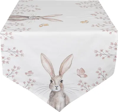 Productafbeelding van Clayre & Eef Tafelkleed, 50x160 cm, wit, bruin, katoen, konijnenmotief
