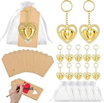 Produktbild von Gastgeschenke 12stück Gold Herz Schlüsselanhänger mit Organza-Beutel und Dankkarte