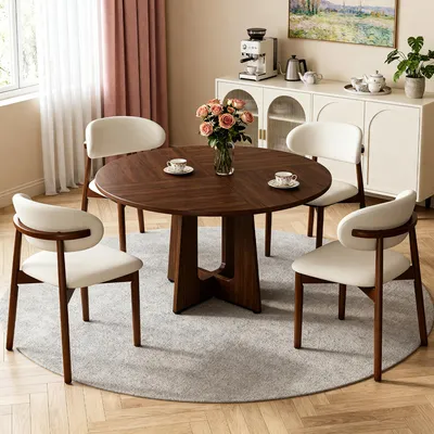 Produktbild von STILVORA Esstisch Set mit 1 Tisch und 4 Stühlen, Esstisch mit MDF-Tischplatte und Walnussfurnier, Esszimmerstühle aus Eichenholz mit Walnussfarbe