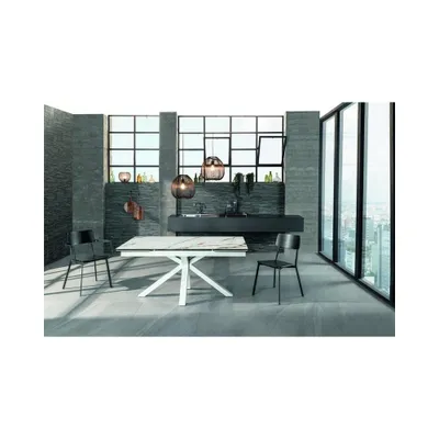 Produktbild von SOLOLED Moderner Ausziehtisch, 160-240 cm, Keramikplatte Calacatta-Marmor Borghini auf gehärtetem Glas, 10 Personen, weißer Metall-Kreuzsockel