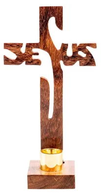 Stehendes Holzkreuz Jesus 19 cm für Stabkerzen Ø 2,0–2,3 cm