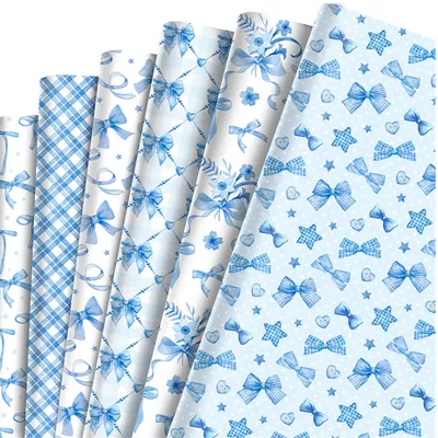 Imagen del producto de Papel de regalo azul con estampado de lazos, 12 hojas, 70 x 50 cm, para envolver regalos