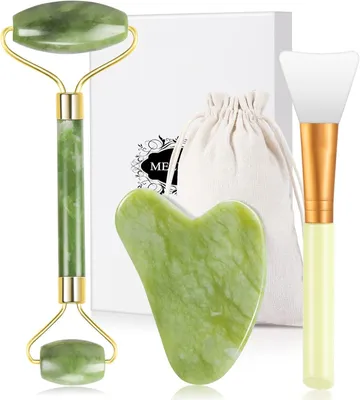 Produktbild von Jade-Rolle und Gua Sha-Massagegeräte, natürliches Anti-Aging-Gesichtsroller-Massage-Set für Augen, Gesicht und Hals