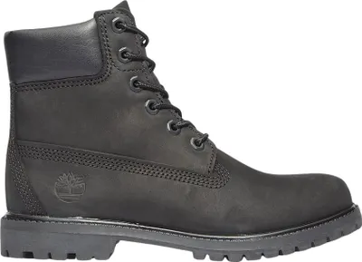 A black Timberland boot is shown against a white background.