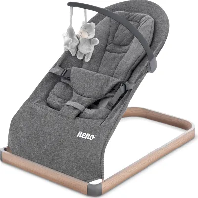 A baby bouncer chair with a wooden frame and gray fabric, shown against a white background.