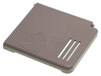 A close-up, angled view of a gray plastic dishwasher part with embossed lines and an oval shape.