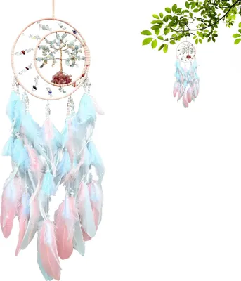 Produktbild von Baum des Lebens Traumfänger,Dream Traumfänger Kinder,Traumfänger Handgefertigt mit Federn und Kristallsteinen,Feder Dreamcatcher,Geeignet für Wandbehang Hochzeit Heimdekoration Ornamente Kunsthandwerk