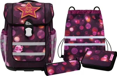 A set of school bags with a bubble pattern.