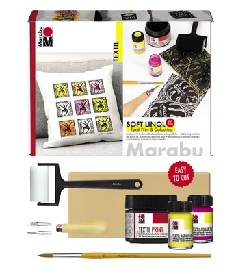 A product box for a textile print and coloring kit, showing the contents and examples of use.