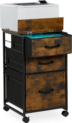 Produktbild von Relaxdays Rollcontainer, 3 Schubladen, Hängeregister, Industrial-Design, HBT: 68x40x40 cm, Aktenschrank, braun/schwarz
