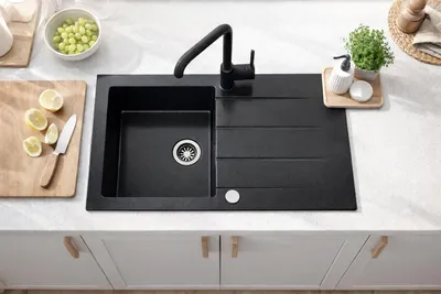 Produktbild von Küchenspüle Granit schwarz, Einbauspüle 76x44 mit Siphon Spülbecken Granitspüle