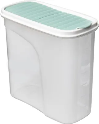 A clear, studio shot of a transparent food storage container with a green lid.