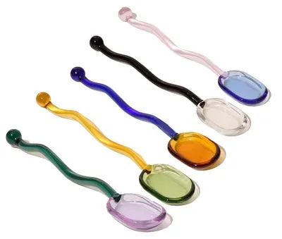 Produktbild von Glas Rührlöffel 5er Set 16cm Borosilikatglas farbig hitzebeständig 800°C ergonomischer Griff für Kaffee Tee Eis Dessert Bar Küche