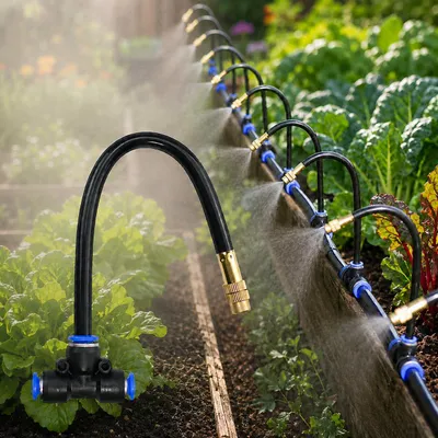 Image de Système d'arrosage pour jardin, kit de refroidissement par brumisation réglable, comprenant 10 buses de brumisation et 10 mètres de tuyau. Arrosage goutte à goutte pour jardin
