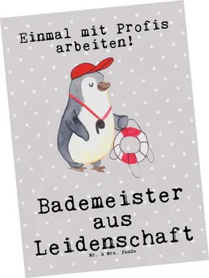 Produktbild von Mr. & Mrs. Panda Postkarte Bademeister Leidenschaft - Grau Pastell - Geschenk, Freibad, Ansichtskarte, Postkarten, Grußkarte, bildkarte, Fotokarte, Schwimmverein