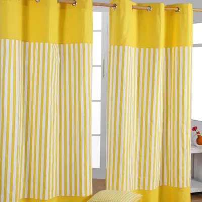 Produktbild von HOMESCAPES Gardinen mit Ösen breite Streifen gelb 100% Baumwolle, 228 x 137 cm